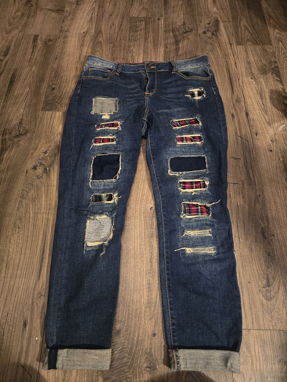Cello Blue Boyfriend Jeans with Red Plaid Patchwork Size 13